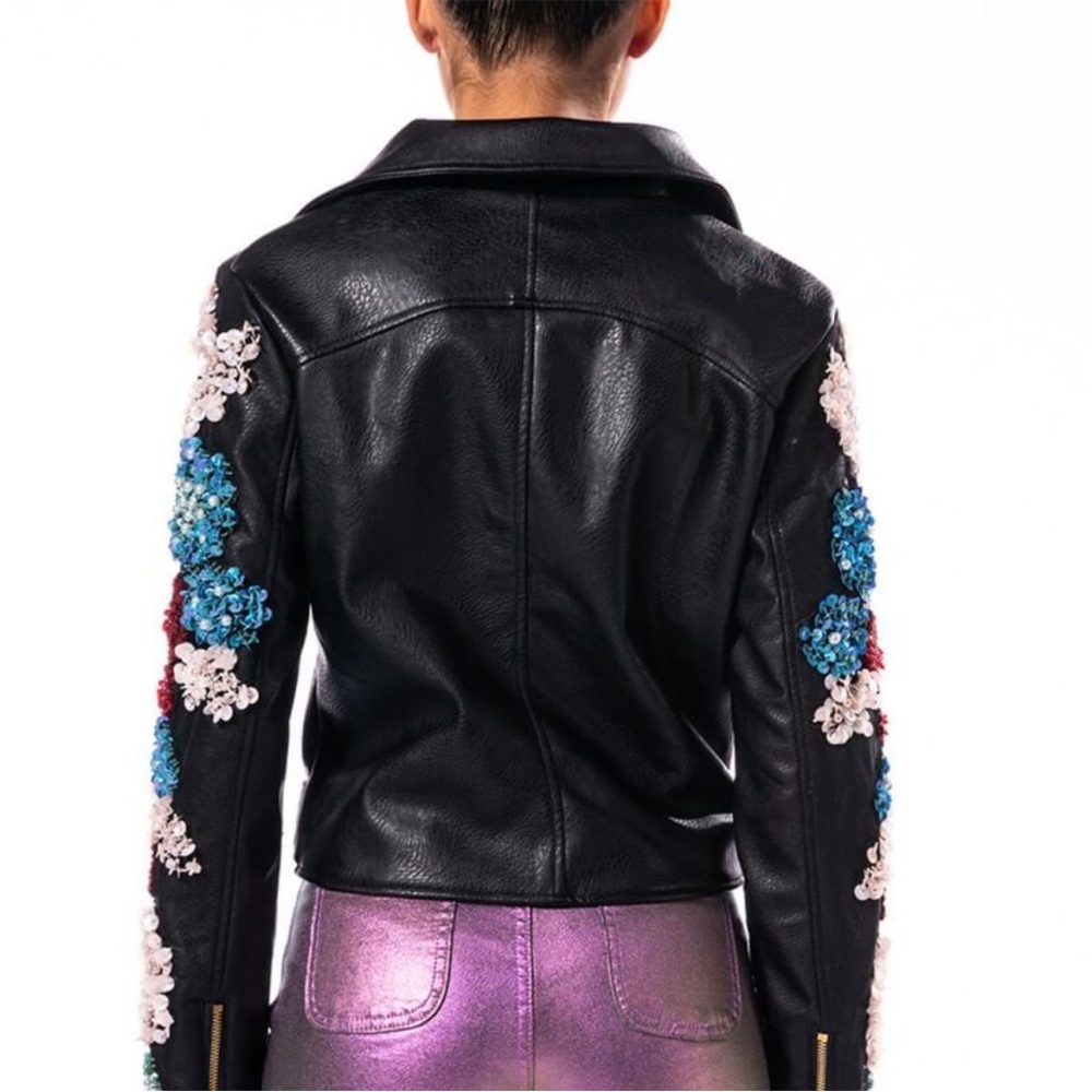 Embroidered Black Leather Jacket with Floral Accents - Picture 4 of 11